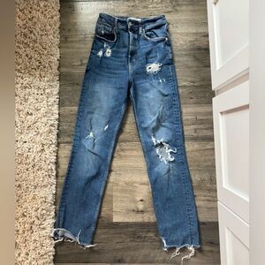 We The Free Blue Straight Leg Jeans with Distressed Details